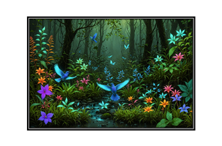 colorful plants, enchanted forest with stream, blue birds